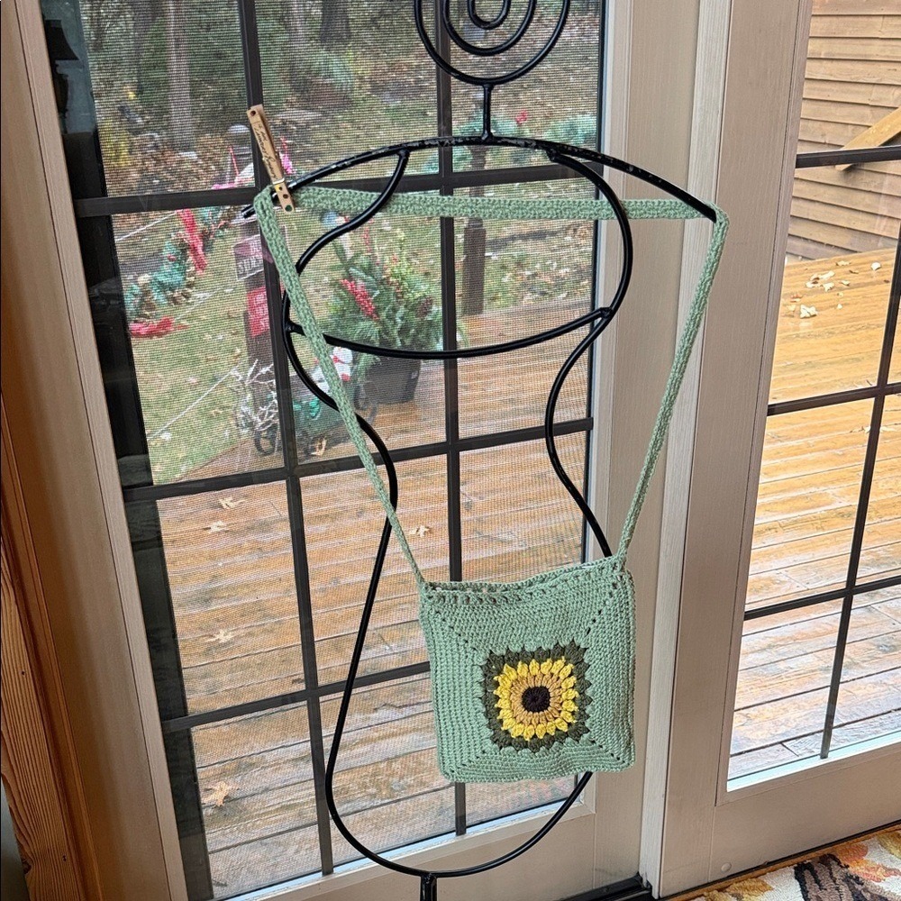 Handmade Crochet Sunflower Granny Square Crossbody Bag Sage Green Boho Lined